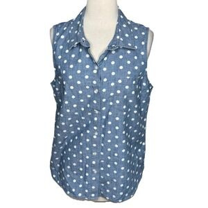 Tommy Hilfiger Top‎ Women's L Light Wash Polka Dot Chambray Denim Womens Blouse